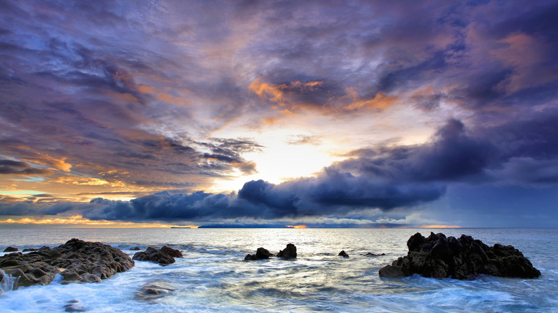 land, storm, water, cloudscape, landscape, outdoors, covered, dramatic sky, body, rock - object, horizon over water, beach, 1080P, beauty in nature, horizon