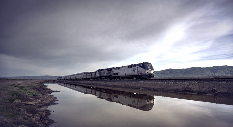 Alviso  California, San Jose, reflection, perspective, NEX-6, water, slough, transportation, train track, Amtrak, day, gravy train, Silicon Valley, Photomatix