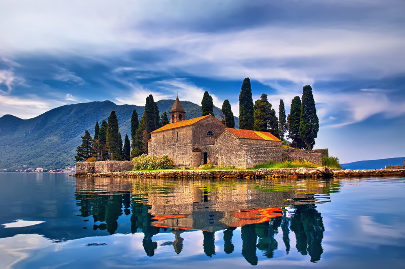 house, Montenegro, hills, trees, nature, church, Mediterranean, reflection, lake, mountains, rock, landscape, architecture, water, island, clouds, ancient