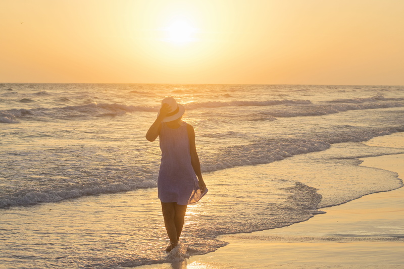 sea, sunny, tropical, leisure activity, outdoor, ocean, water, orange, peaceful, full length, land, golden, sunset, beach walk, golden hour, 4K, beach sunset