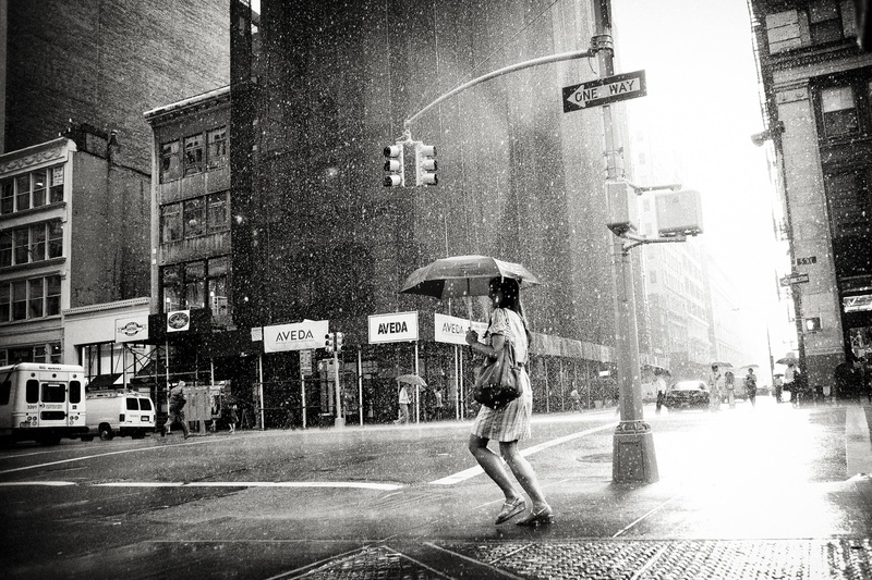 New York City, 1080P, rain, street, building exterior, women, water, one person, outdoors, walking, snowing, rainy season, monochrome, day, land vehicle