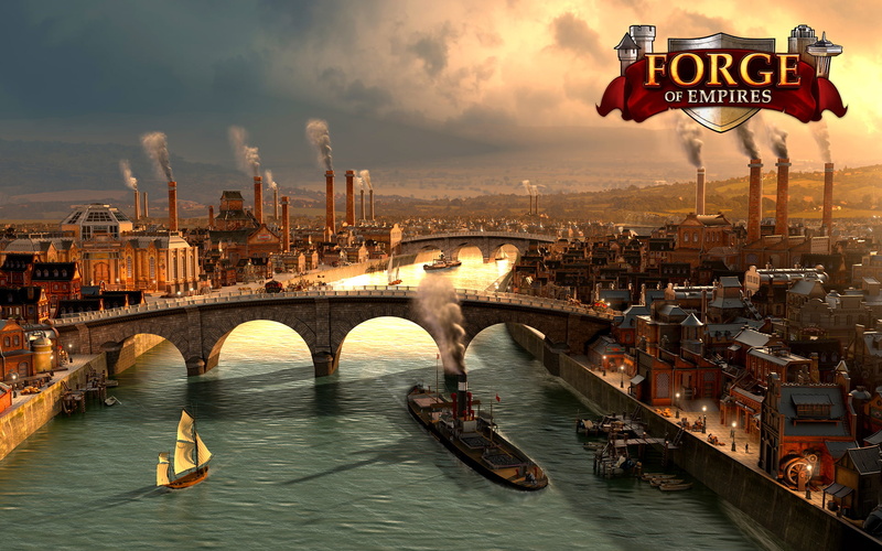 Forge of Empires, cityscape, smoke, chimneys, water, city, clouds, video games, factories, harbor, Online games, building, bridge, river, Video Game Art