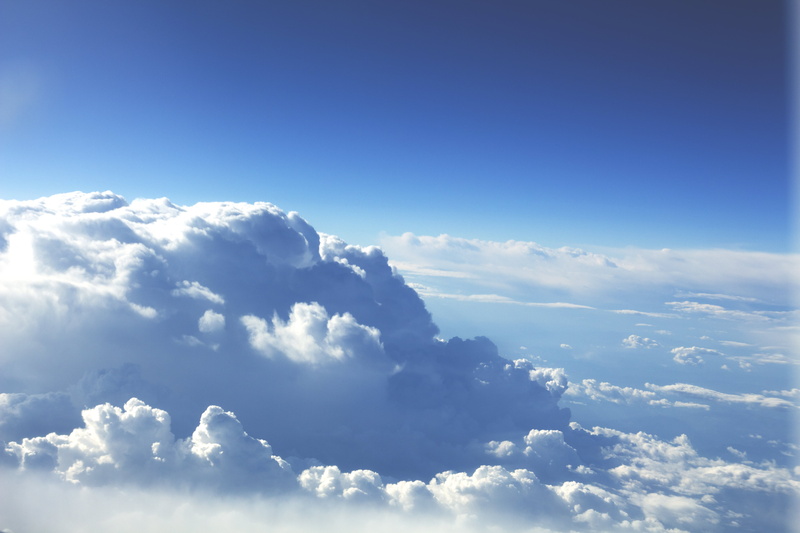 horizon, air, the sky, day, outdoors, high Up, space, mid-Air, scenics - nature, fluffy, low angle view, clouds, airplane, light - Natural Phenomenon, copy space