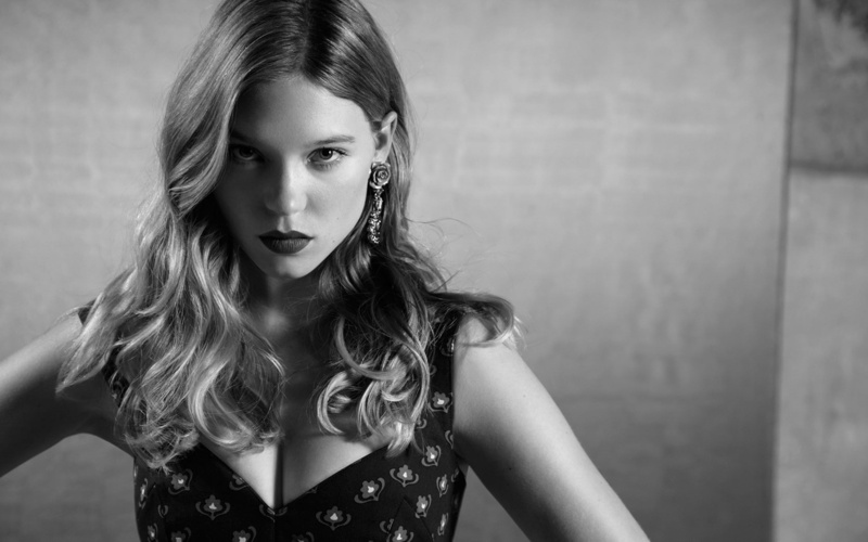 indoors, standing, hair, fashion, hairstyle, beautiful woman, young adult, portrait, real people, lea seydoux actress auburn hair women celebrity monochrome looking at viewer cleavage