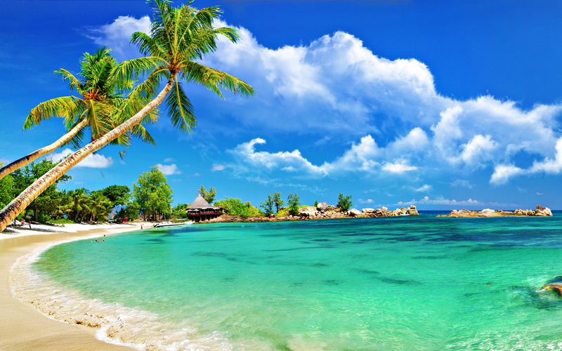 towels, tropical, palm, sky, clouds, sandy, beach, bungalow, hd, water, turquoise, 2K, ocean
