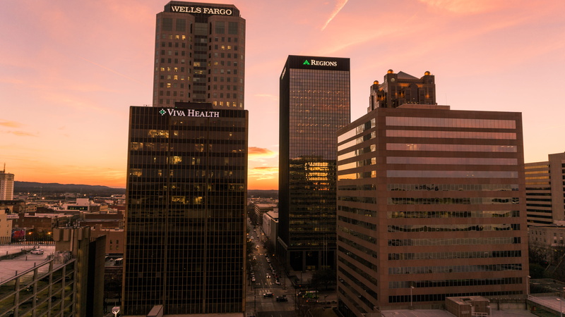 5K, skyscraper, downtown district, tall - high, buildings, bar rooftop, building exterior, cityscape, building, dawn, cloud - sky, us, modern, birmingham