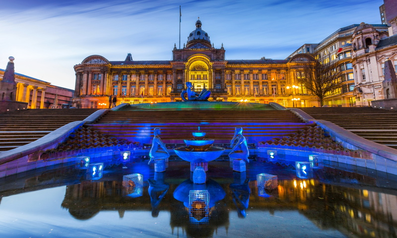 the evening, sculpture, England, ladder, Palace, lights, Birmingham, fountain, 4K