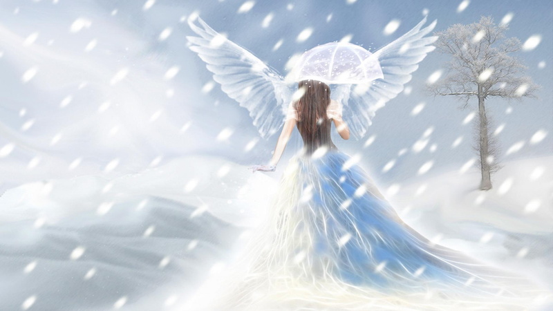 snow, woman, enchanting, fantastic, picture, angel, skyphoenixx1, umbrella, 1080P, pretty, holding, artwork, nice