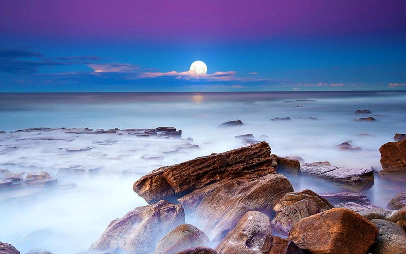 view, splendor, clouds, full, ocean, rocks, amazing, peaceful, beauty, beautiful, moon, 1080P, waves, lovely