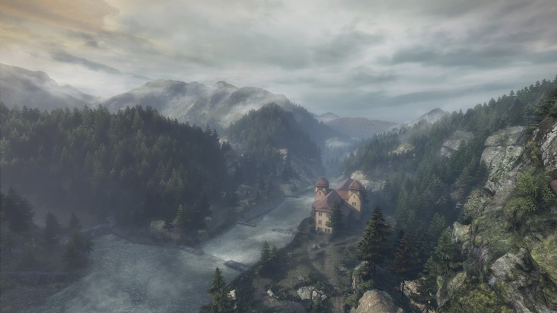 scenics - nature, remote, sky, mountain range, plant, tranquility, top, The Vanishing of Ethan Carter, environment, day, fog, trees, mountain, nature, house