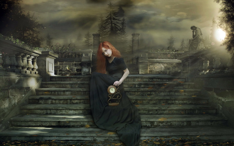 young women, spooky, solitude, sadness, looking at camera, dark, black, cute, beautiful, females, sitting, stair, outdoors, one Person, building exterior