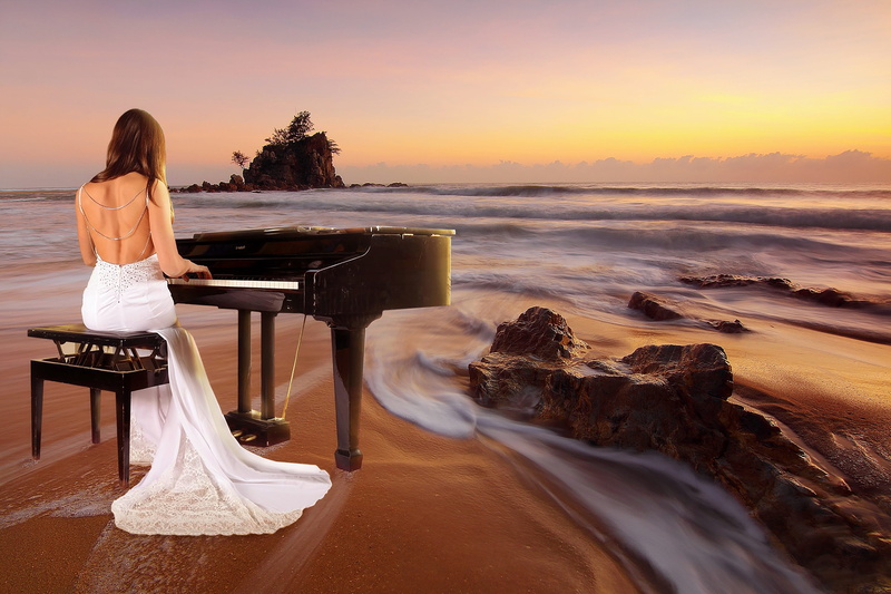 horizon over water, mystical, piano spielerin, beauty in nature, dress, sitting, hairstyle, leisure activity, land, piano, loneliness, wave, ocean, rear view