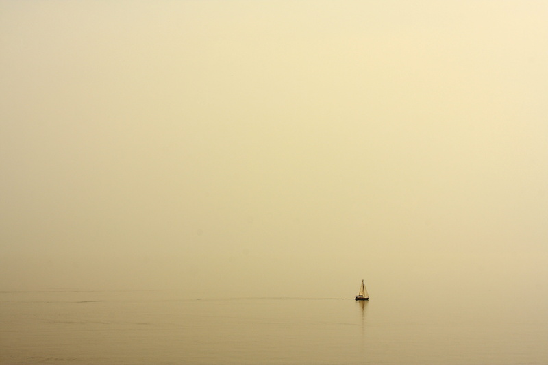 sailboat, beauty in nature, background, tranquility, melancholic, beautiful, yellow, daytime, autumn, waterfront, sea, loneliness, fog, sailing, gone, horizon