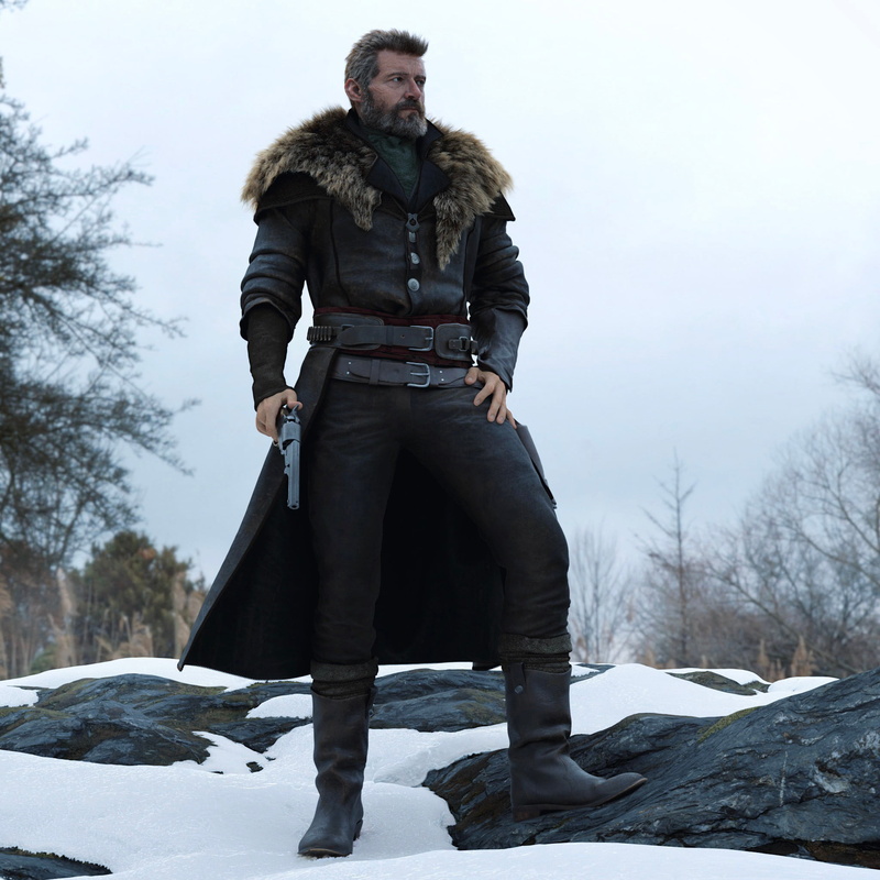 fan art, CGI, Denys Tsiperko, leather jackets, leather clothing, 3D, 1080P, ArtStation, fur jacket, fur coats, white hair, Hugh Jackman, bounty hunter
