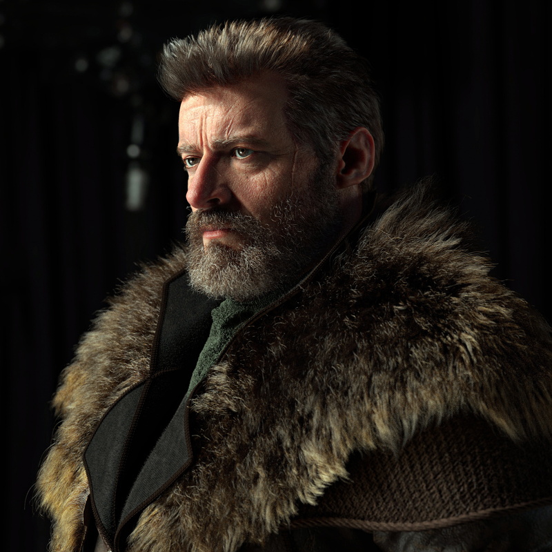 bounty hunter, white hair, CGI, 2K, fur coats, digital art, ArtStation, leather jackets, Hugh Jackman, 3D, Denys Tsiperko, fan art, leather clothing, fur