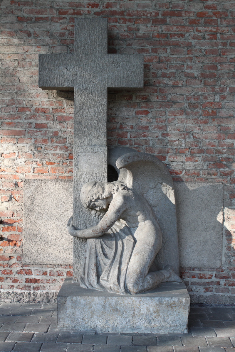 no people, wall - building feature, human representation, day, architecture, cross, angel, munich, craft, stone, christian, southern cemetery, old, religion