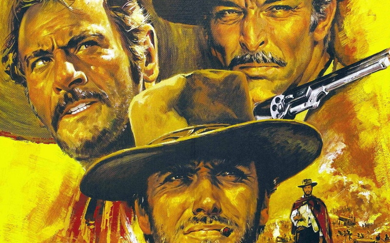 yellow, statue, sculpture, outdoors, representation, paint, Sentenza, Eli Wallach, craft, mural, Lee Van Cleef, male likeness, day, Tuco, The Good the Bad and the Ugly