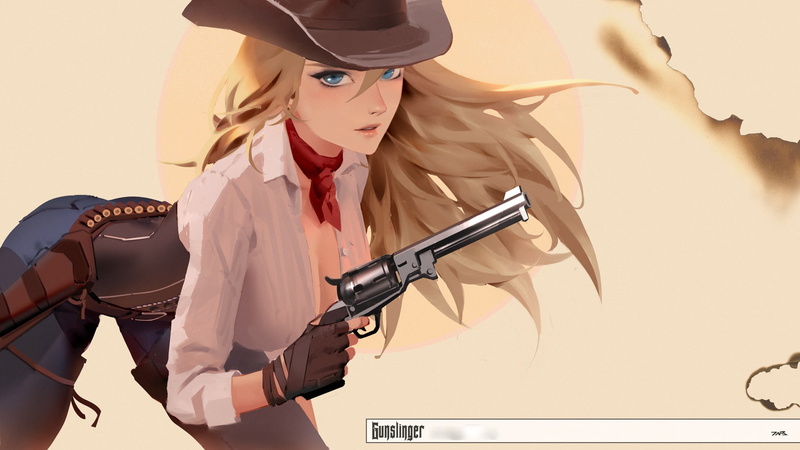pants, blonde, girls with guns, gloves, revolver, cowboy hat, 1080P, hat, artwork, weapon, anime, Cowgirl, illustration, scarf, art, blue eyes, gun, shirt