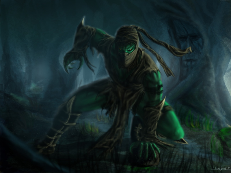 forest, game, Ents, mist, 4K, fighting, fan art, art, Mortal Kombat, Reptile, swamp
