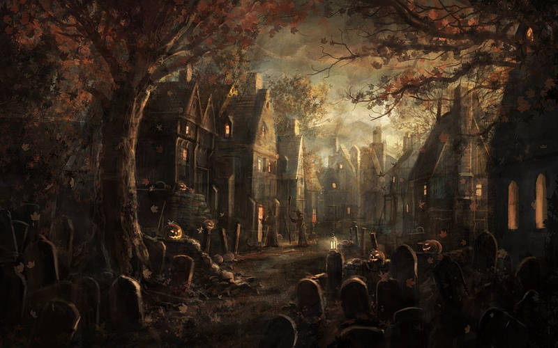 pumpkin, maple, leaves, Halloween, trees, 1080P, plate, gloom, village, graves