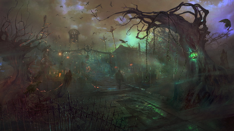 surreal, plant, built structure, chain, art, mystery, Dragon Knights, people, dark, birds, cemetery, fog, crows, fantasy, horror, abstract, dirty
