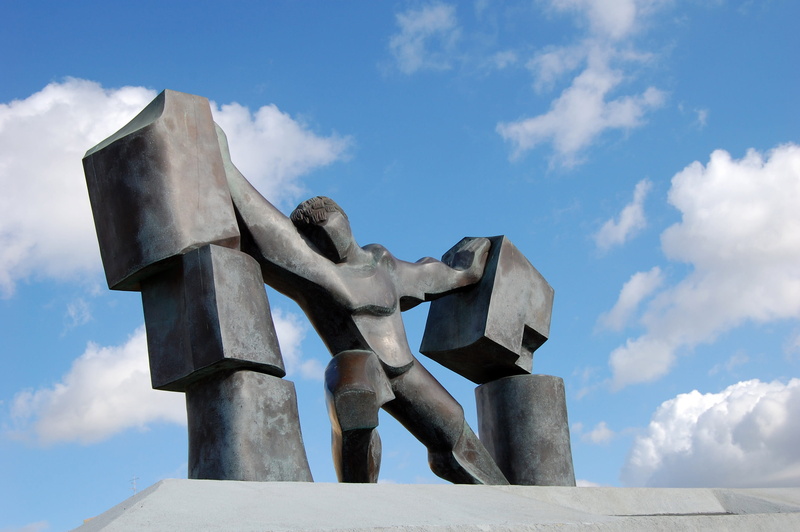 concrete, outdoor, belief, cloud - sky, 2K, public domain, art and craft, photos, metal, Israel, sky, sunlight, blue, outdoors, sculpture, architecture