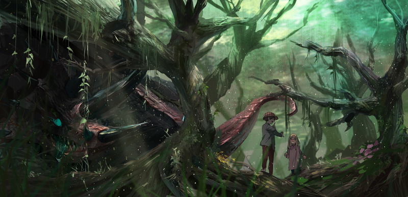 two, syo5, forest, children, woods, 5K, boy, girl, anime, trees, digital, art, nature, monster