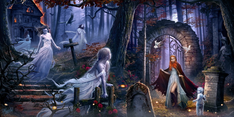 mist, gates, stairs, 1080P, forest, house, sculpture, branch, dark, grave, birds, cross, fire, cemetery, trees, fall, ghosts, digital art, fantasy art