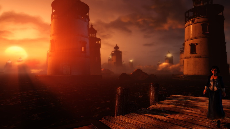 clouds, landscape, sun rays, 1080P, lighthouse, dock, BioShock Infinite: Burial at Sea, video games, Elizabeth (BioShock)