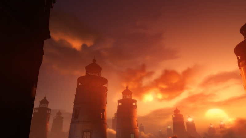 lighthouse, Elizabeth (BioShock), clouds, video games, 1080P, dock, BioShock Infinite: Burial at Sea, landscape, sun rays