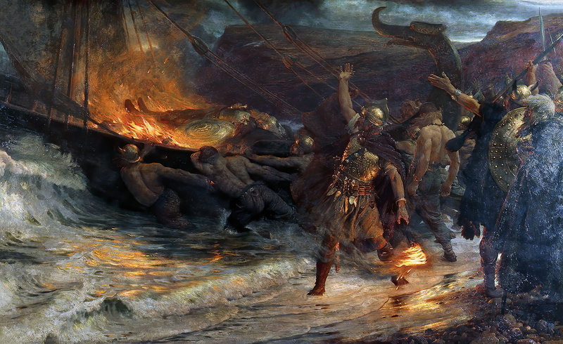 Nordic, classic art, ship, viking, Vikings, painting, Frank Bernard Dicksee, history, The Funeral of a Viking, 1080P
