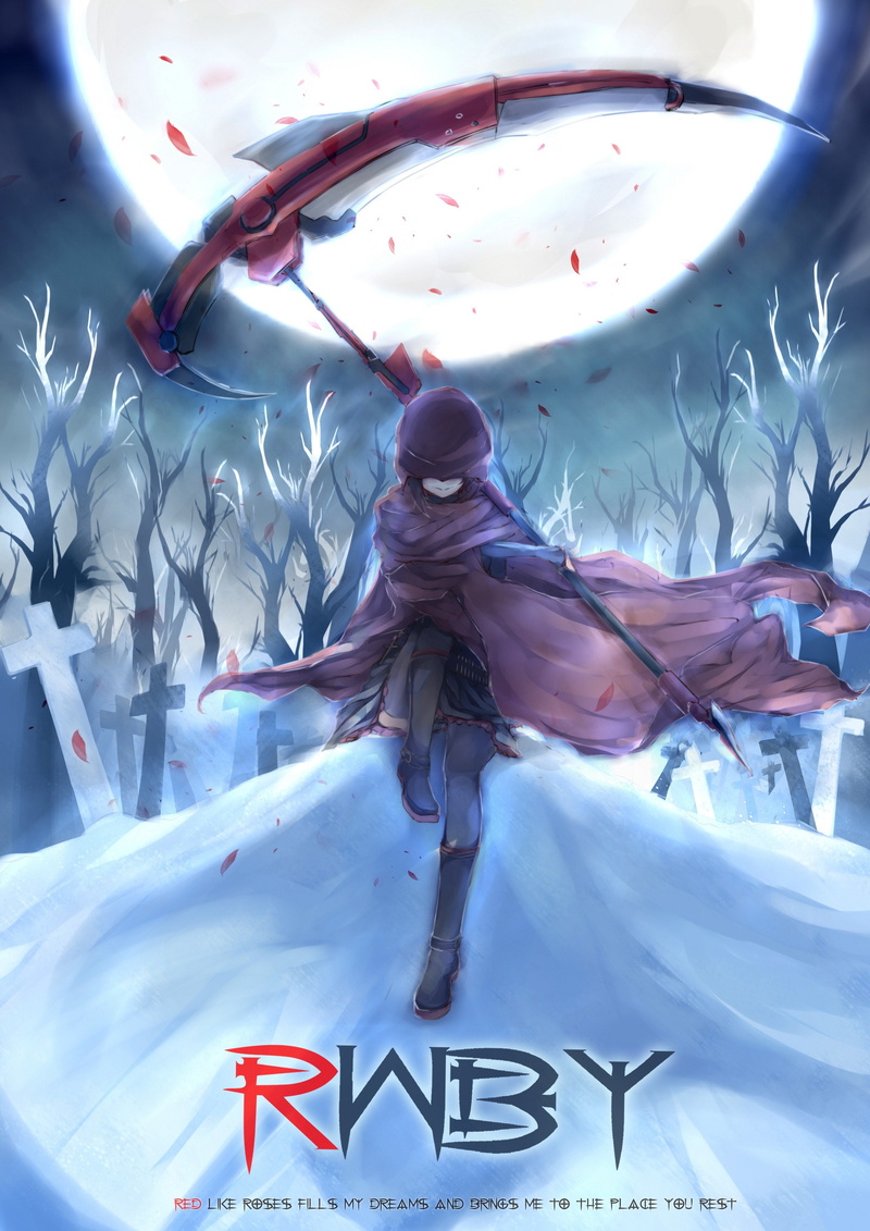 cross, thigh, rwby, ruby, headstone, sitting, snow, jackets, black, night, coat, skirts, forests, anime, skies, scythe, petals, ammunition, hoodies, weapons