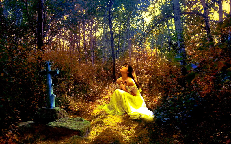 landscapes, horror, waiting, girl, gown, brunettes, women, grave, sorrow, forest, cross, 2K, trees, cemetery, digital, celtic, mood, dark, art, headstone