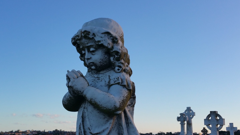 art and craft, clear sky, old, religion, male likeness, headstone, architecture, death, creativity, waverley, sky, no people, blue, female likeness, graveyard