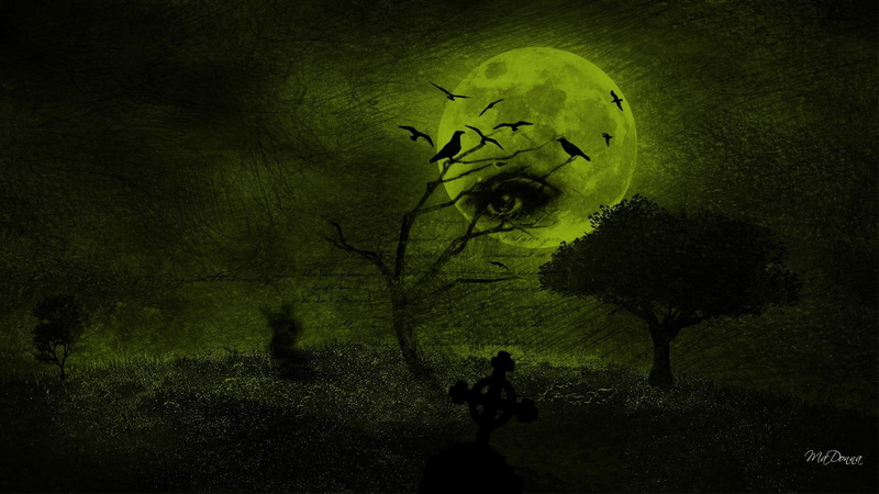 crows, cemetery, painting, trees, gothic, celtic cross, green, scay, night, ravens, haunting, gravestone, goth, two, halloween, fantasy, october, 1080P