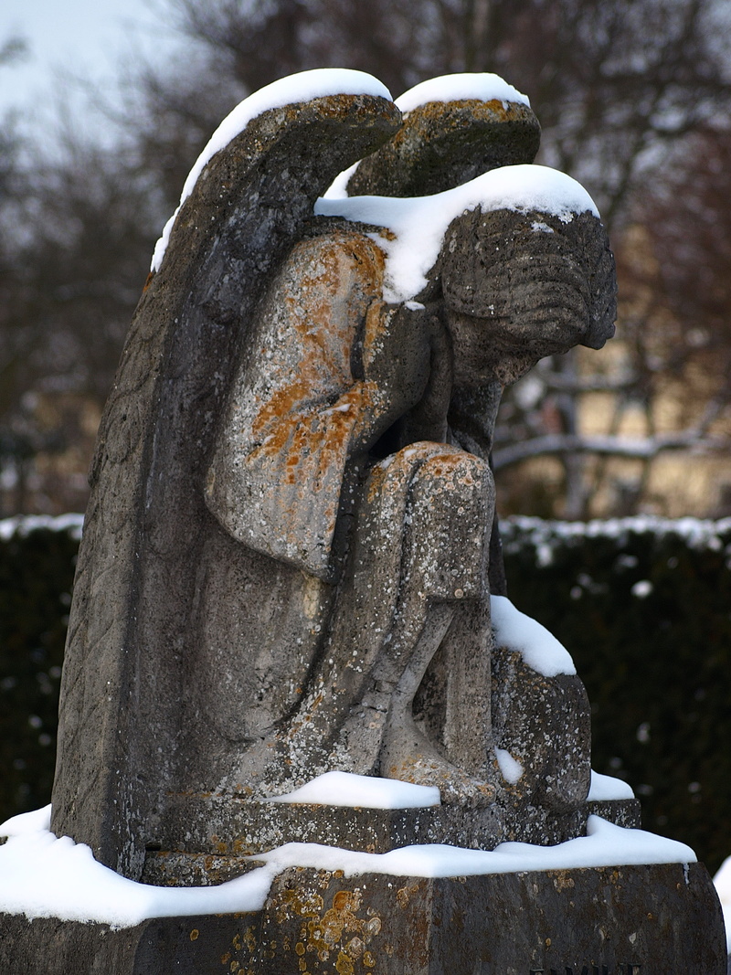 craft, tombstone, gravestone, graveyard, no people, death, statue, winter, male likeness, nature, tree, stone, outdoors, funeral, sculpture, snow, day