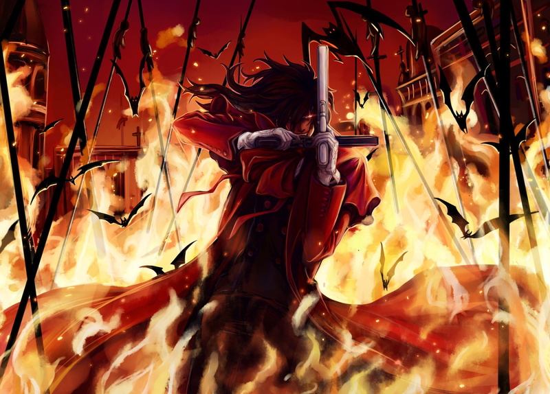 motion, 1080P, arts culture and entertainment, real people, indoors, orange color, Dark, front view, Anime, Hellsing, illuminated, male likeness, lifestyles