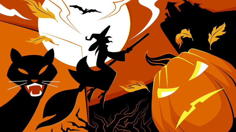 1080P, black cats, pumpkin, Halloween, witch