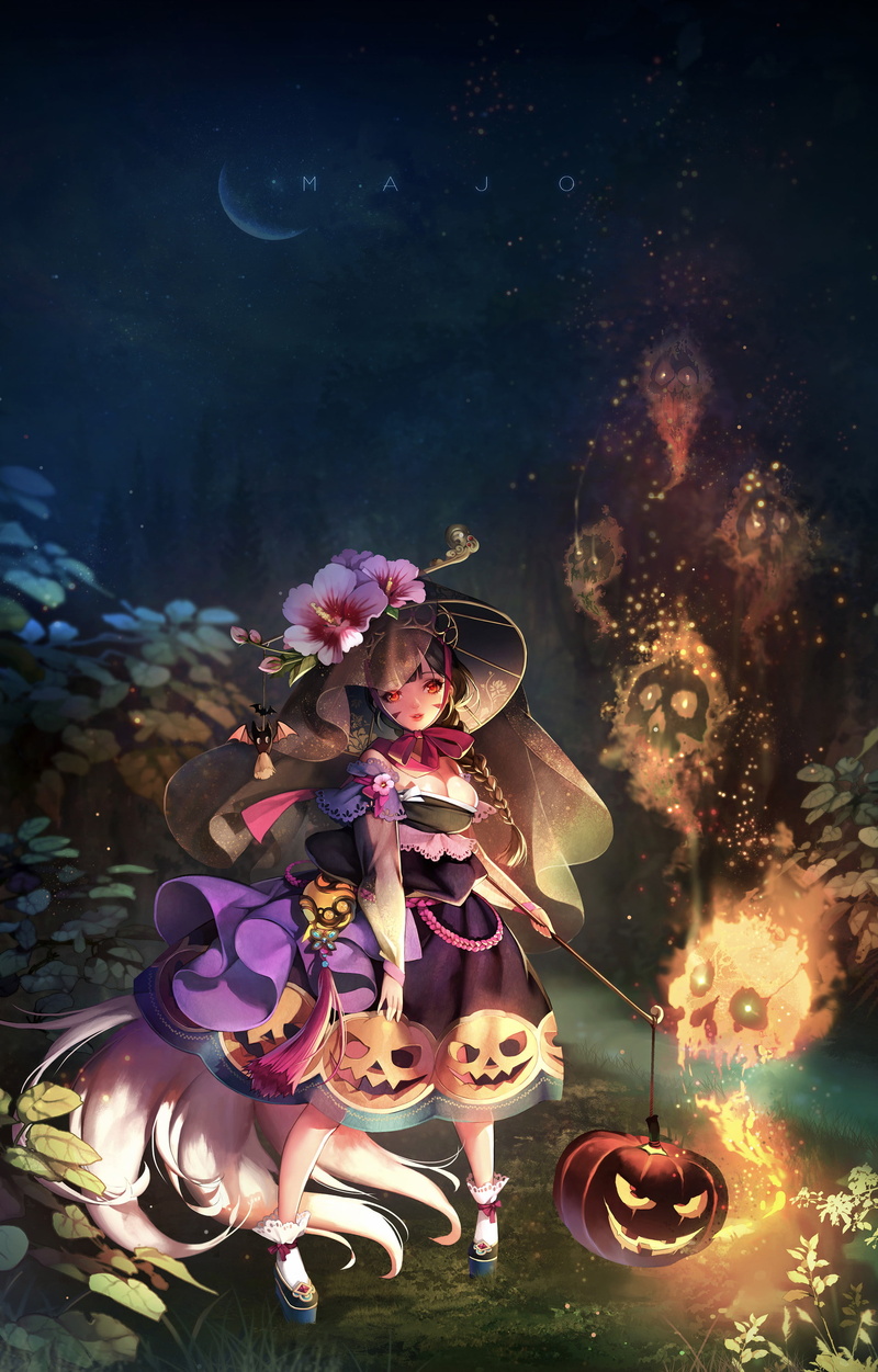 fantasy, witch, outdoors, dark, flower, full length, night, illuminated, clothing, young adult, one person, sitting, digital composite, beautiful woman