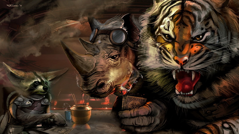 Roar, The game, Conspiracy, Animals, Art, by Csaba Kémeri, Csaba Kémeri, 1080P, Rhino, Characters, Raccoon, Tiger