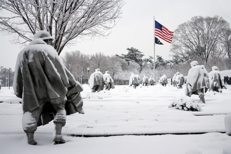 snow, soldier, lifestyles, men, monument, 5K, outdoors, patriotism, Usa, clothing, landmark, Korean War Memorial, walking, real people, Washington, history