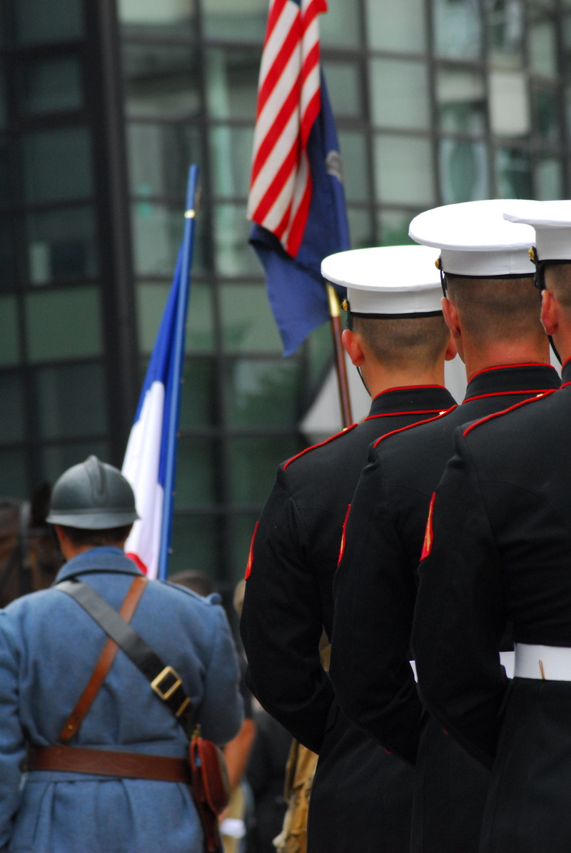 government, tribute, togetherness, soldier, group of people, uniform, rear view, normandy, flags, focus on foreground, patriotism, men, only men, hat, d day
