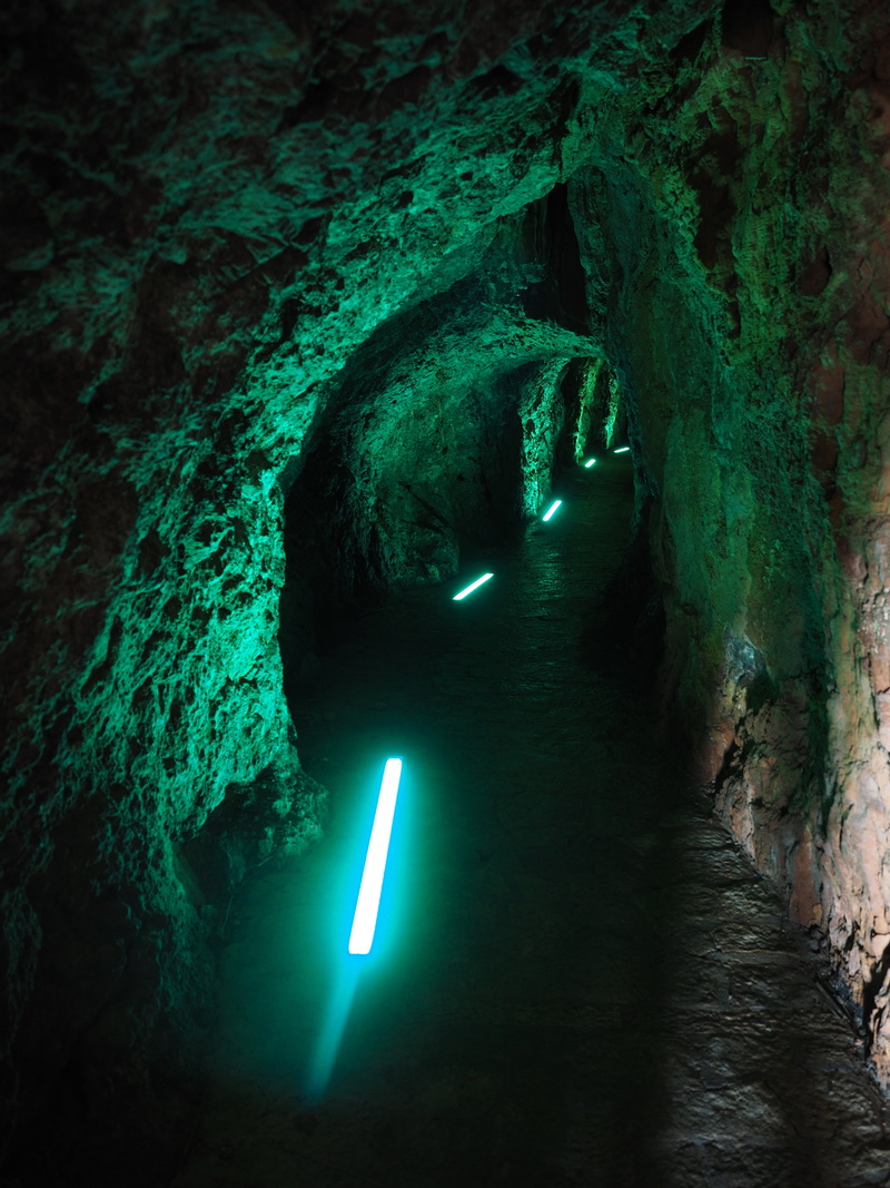 fluorescent, rock, no people, lighting equipment, weird, 4K, footpath markings, tunnel, outdoors, sa calobra, green, green color, passage, rock formation