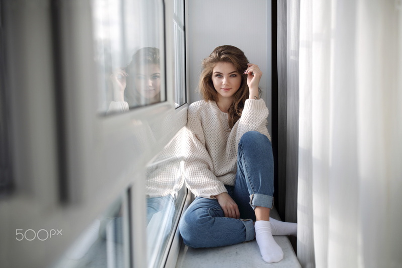 looking at viewer, gray eyes, stockings, portrait, window, 1080P, photography, model, 500px, sitting, women, reflection, jeans, white sweater, brunette