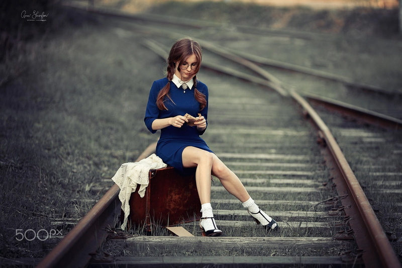 brunette, stockings, dress, pigtails, depth of field, Anna Fedotova, railroad track, women with glasses, blue dress, model, braids, women outdoors, photography