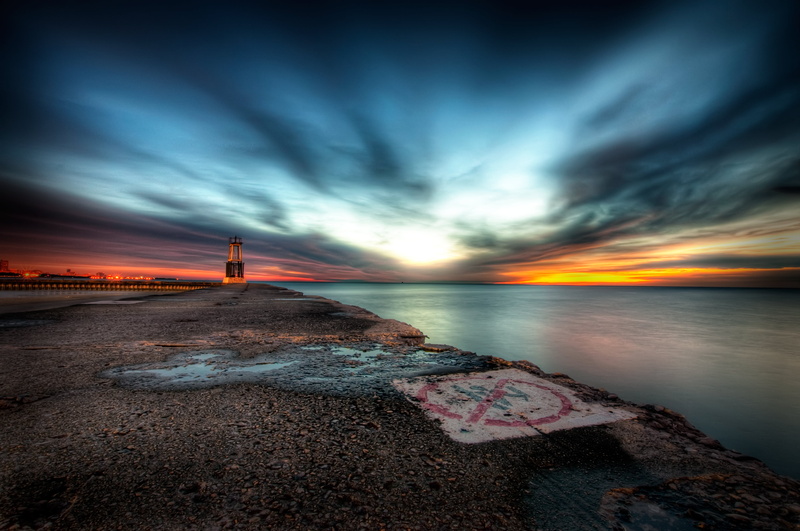 sea, Orange, sky, North  Ave, water, body of water, night, body, lighthouse, Photomatix, Pink, HDR, Sunrise, Chicago, sunset, dusk, Beach  Lighthouse, 4K