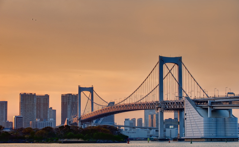 city, rainbowbridge, photomatix, Asia, Water, outdoors, Sunset, sky, bay, travel destinations, 4K, office building exterior, travel, Bridge, nature, suspension bridge