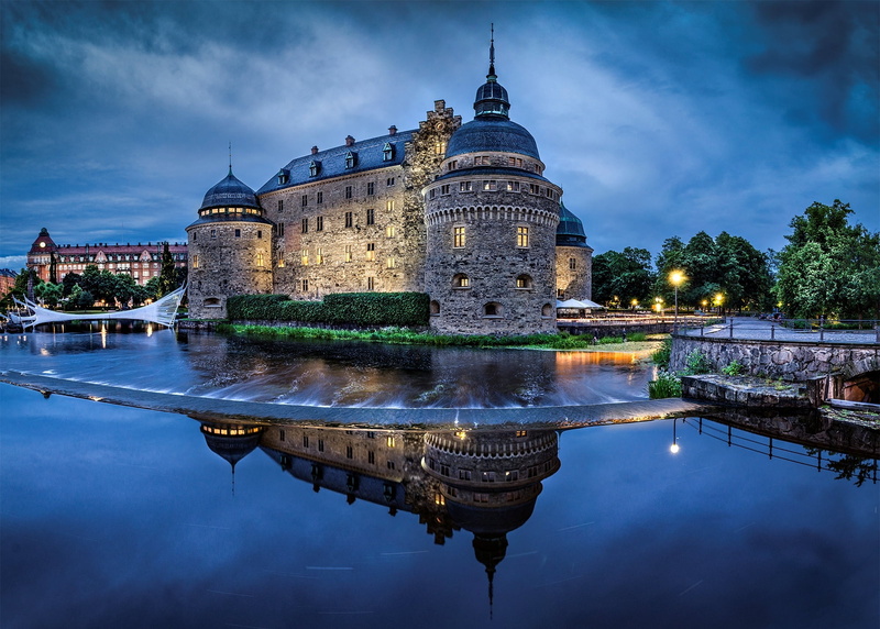Sverige, blue, town, Örebro castle, dusk, 1080P, waterfront, cityscape, reflection, illuminated, twilight, the sky, old, capital Cities, wall - Building Feature