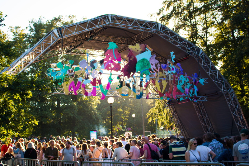 summer, arts culture and entertainment, tree, music, evening, large group of people, crowd, trees, slottsskogen, sundown, people, leisure activity, entrance