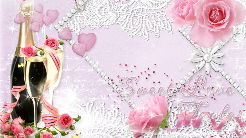 valentine, ribbon, glasses, bottle, champagne, romantic, pink roses, 1080P, lace, flowers, hearts, celebrate, day, flutes